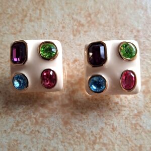 Kenneth Jay Lane Elegant White Enamel With Multicolor Faux Gemstone Earrings